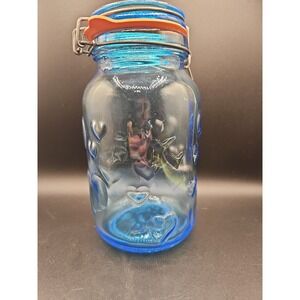 Vintage Blue Glass Storage Jar Hearts Crownford Giftware Corp  9in Tall  002